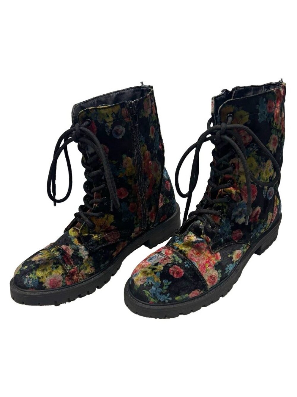 Steve Madden velvet  REX Combat Ankle Boots Womens 7.5M Black Floral Lace Up
